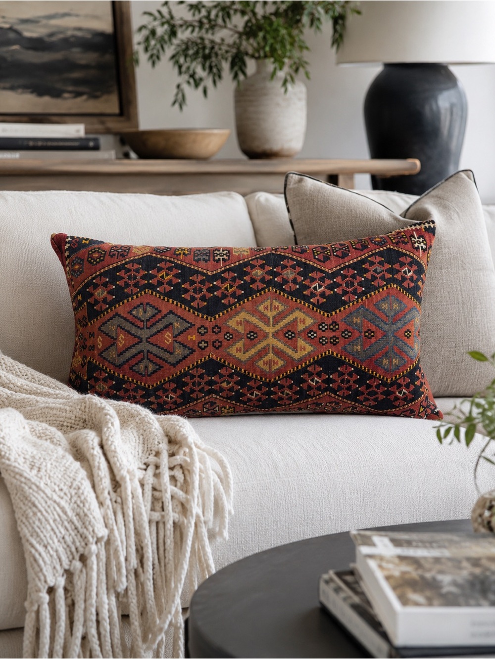 Vintage Turkish Handwoven Kilim Pattern Decorative Pillow - Rust Black